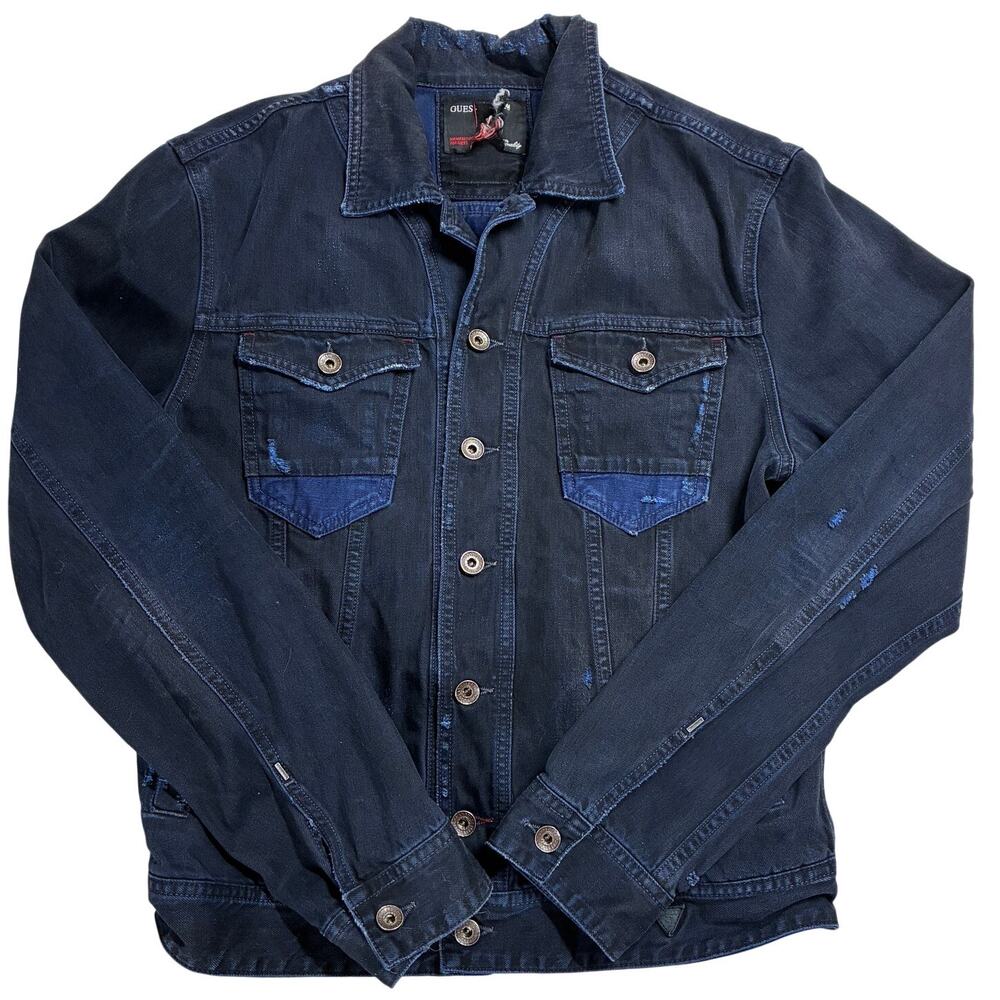 Vintage Guess Trucker Jean Jacket Mens Medium Indigo Denim Button Up Distressed
